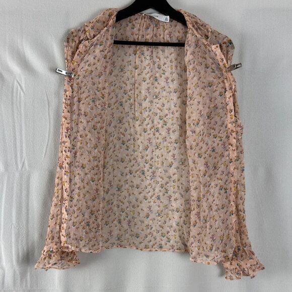 COACH Sz 4 Floral Ruffle Blouse 100% Silk Chiffon Peachy Button Top Semi-Sheer - Picture 4 of 10